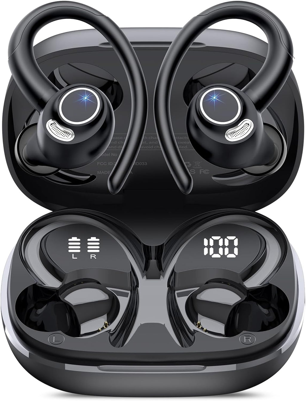 Auriculares inalámbricos deportivos Bluetooth 5.4 con micrófono con cancelación de ruido ENC, 48 h de duración, con gancho para la oreja, graves profundos estéreo, resistencia al agua IP7 para entrenamiento y running, color negro. 