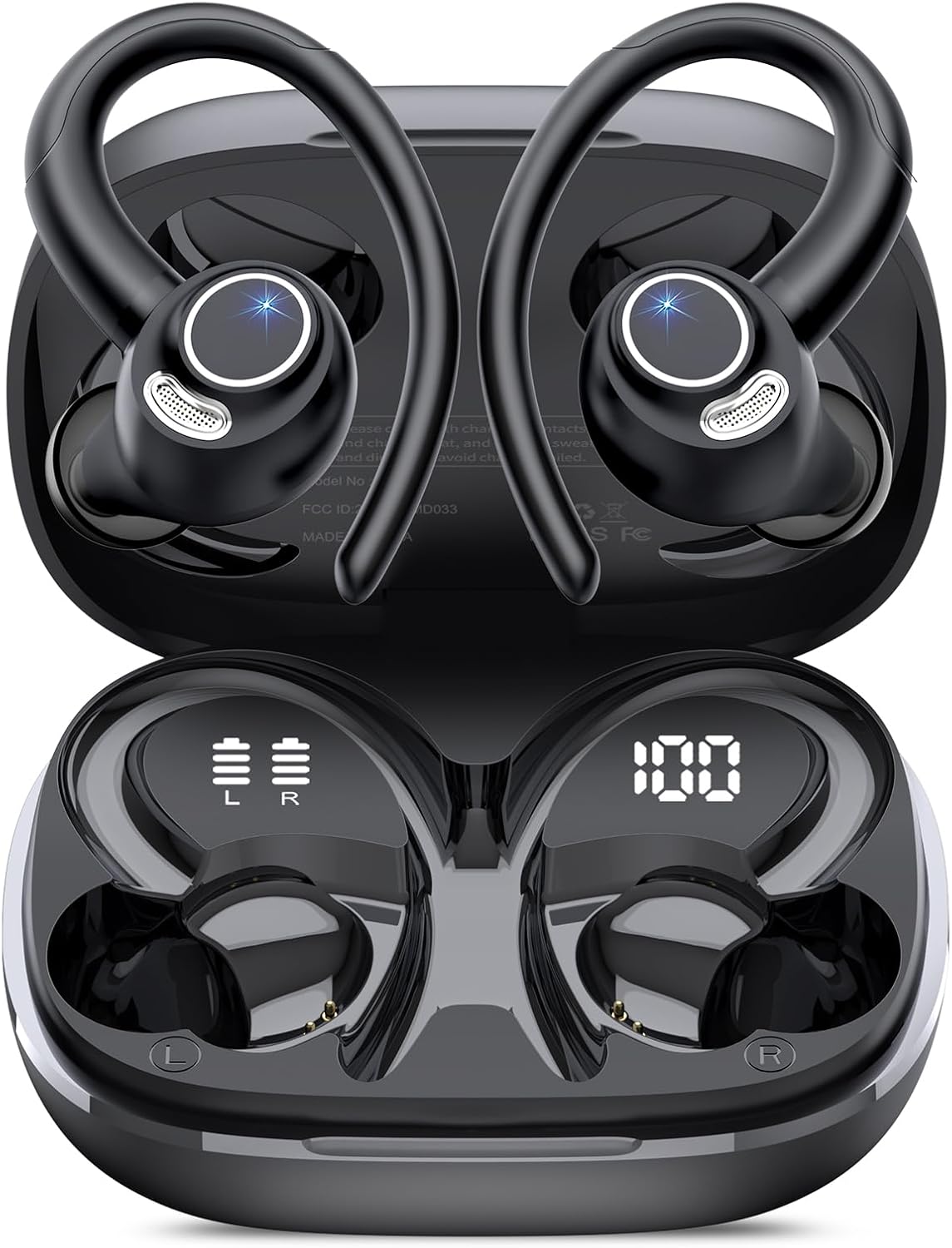 Auriculares inalámbricos deportivos Bluetooth 5.4 con micrófono con cancelación de ruido ENC, 48 h de duración, con gancho para la oreja, graves profundos estéreo, resistencia al agua IP7 para entrenamiento y running, color negro. 