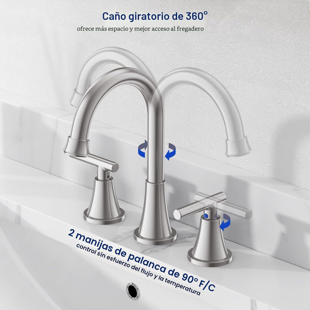 Grifo de baño de 3 orificios, acabado níquel cepillado