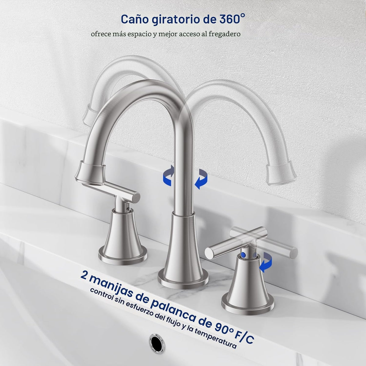 Grifo de baño de 3 orificios, acabado níquel cepillado