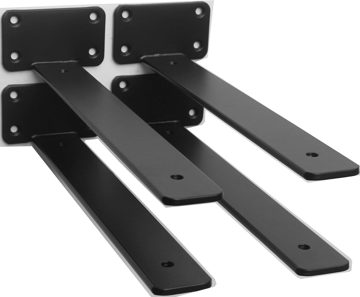 Paquete de 4 soportes de estante en L ocultos negros de 25 cm (1/5 de pulgada de grosor) de hierro para estantes flotantes, soportes de metal rústicos industriales para estantes.