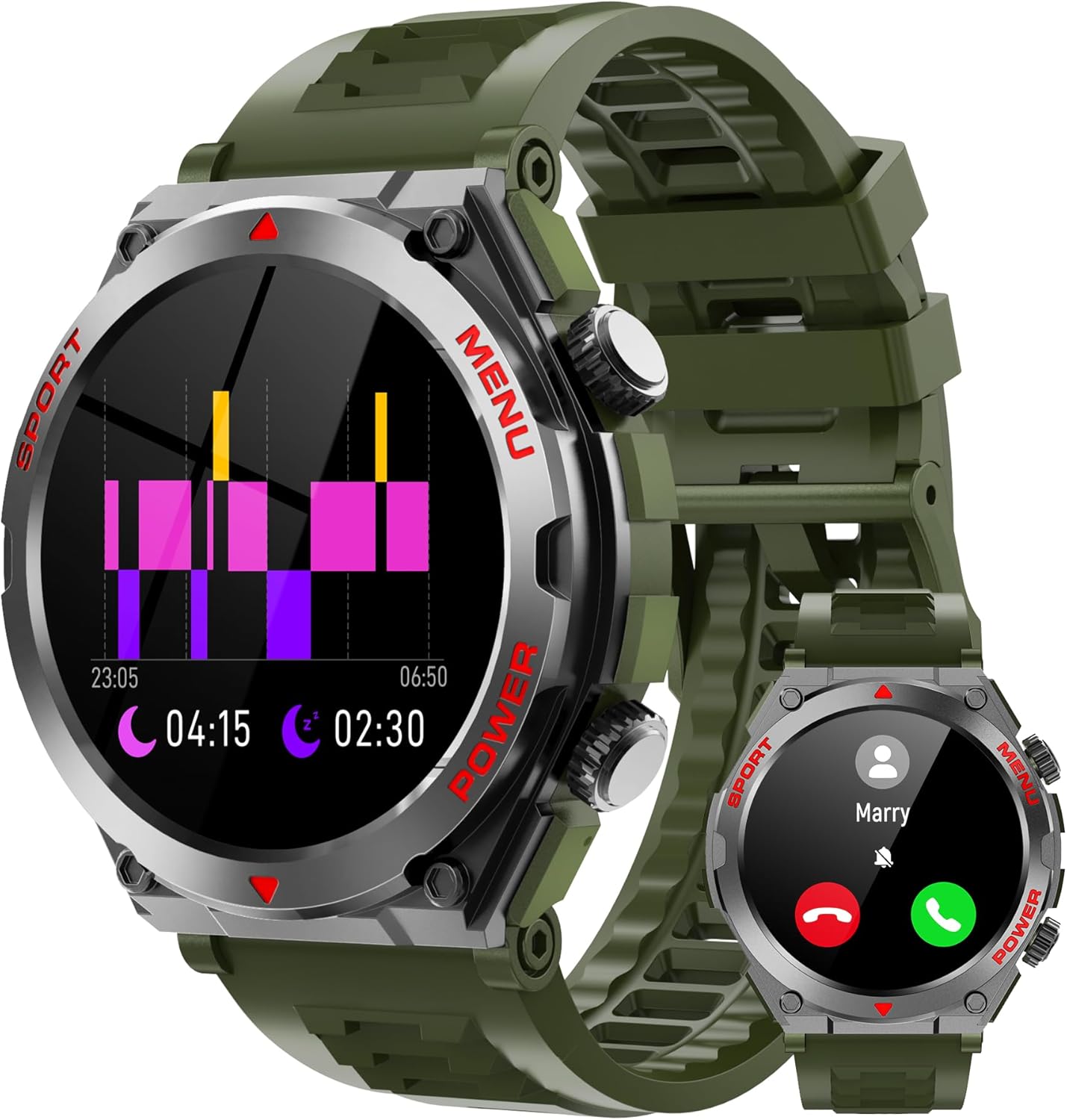 Military Smart Watch, 1.52-Inch Smartwatch with Text and Call, Heart Rate, Blood Oxygen, and Activity Trackers - Compatible with iPhone and Android, for Men and Women (Classic, Green)