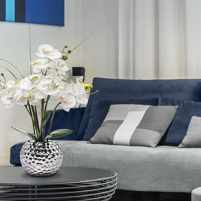 Oairse Orquídea Artificial Blanca Phalaenopsis 20.8" – Arreglo Floral en Maceta Plateada, Centro de Mesa para Comedor y Sala