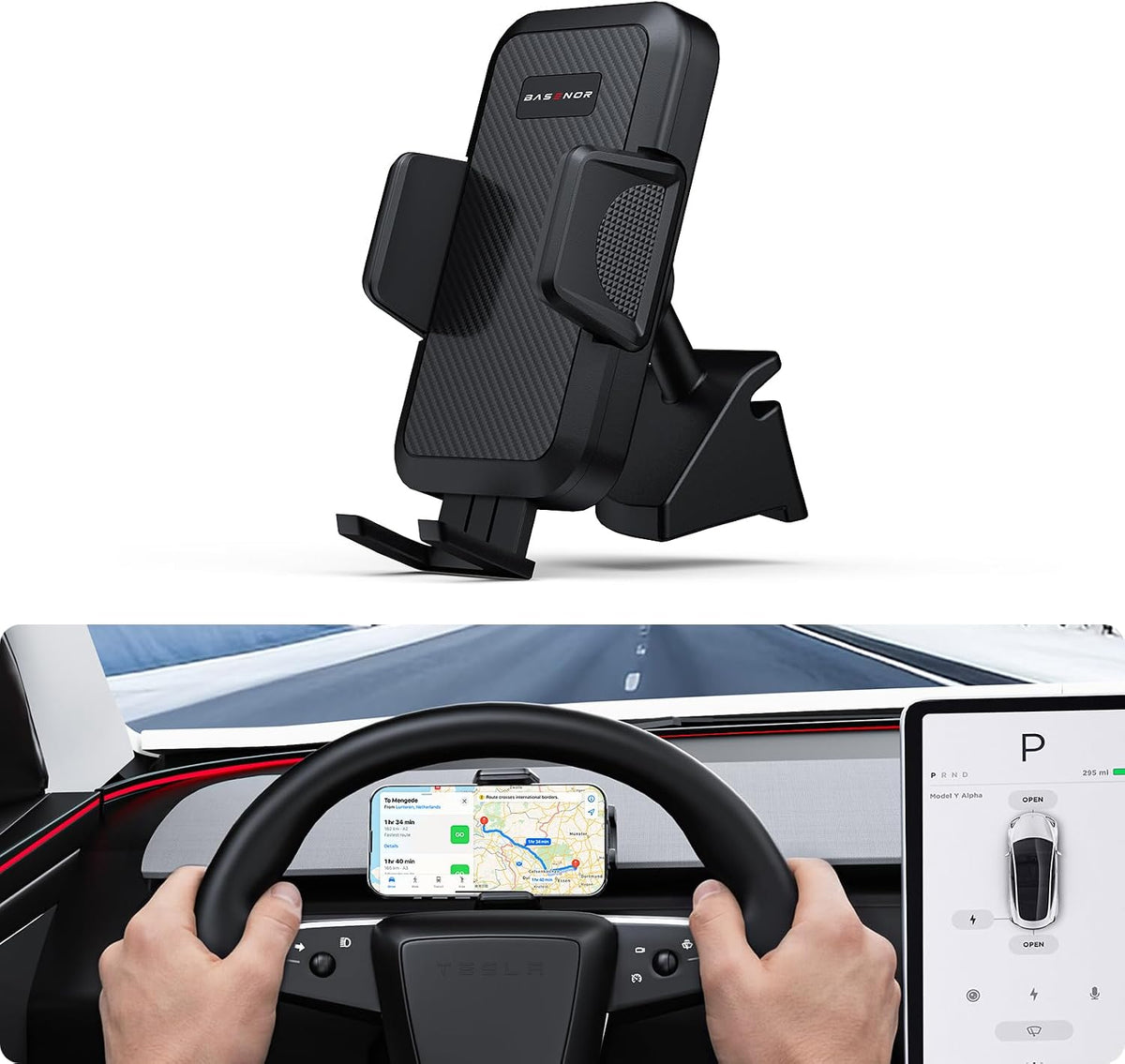 Soporte para teléfono BASENOR para Tesla Model Y Juniper/Model 3 Highland 2025-2026, soporte para teléfono de tablero que no obstruye la visión [Sin adhesivo][Brazos dobles][Ajustable 360°] Accesorios Tesla, compatible con todos los smartphones