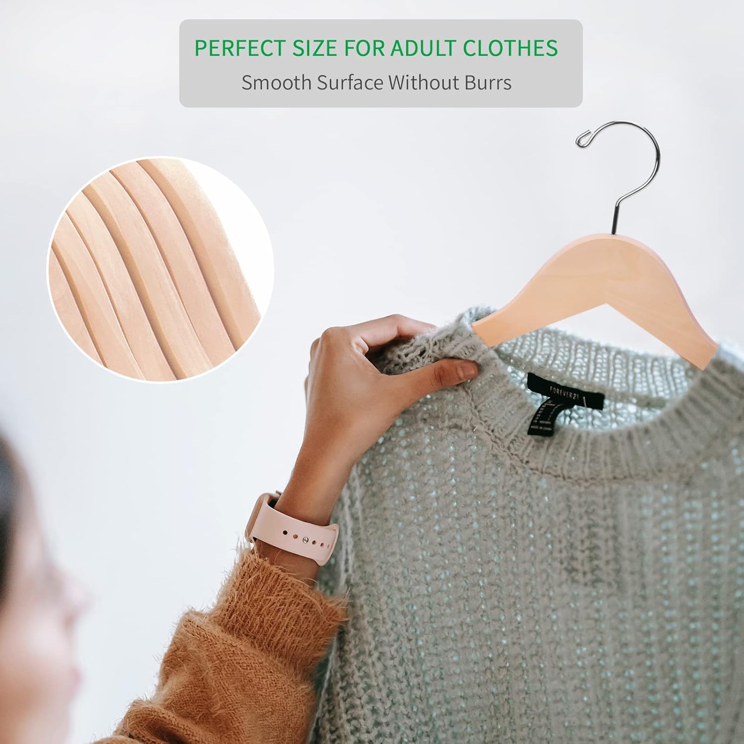 Nature Smile Paquete de 20 perchas de madera maciza natural sin terminar con muescas y barra de corte extra suave, gancho giratorio 360° más fuerte