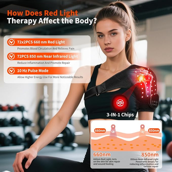 Envoltura de Terapia de Luz Roja Seenew para Hombro – 216 Cuentas 660nm y 850nm, Masaje de Calor, Recargable