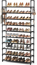 VTRIN 10 Tiers Shoe Rack Tall Large Capacity Wide Shoe Organizer Sturdy Shoe Shelf for Entryway with Two Hooks Metal Shoe Storage for Closet, Bedroom, Black