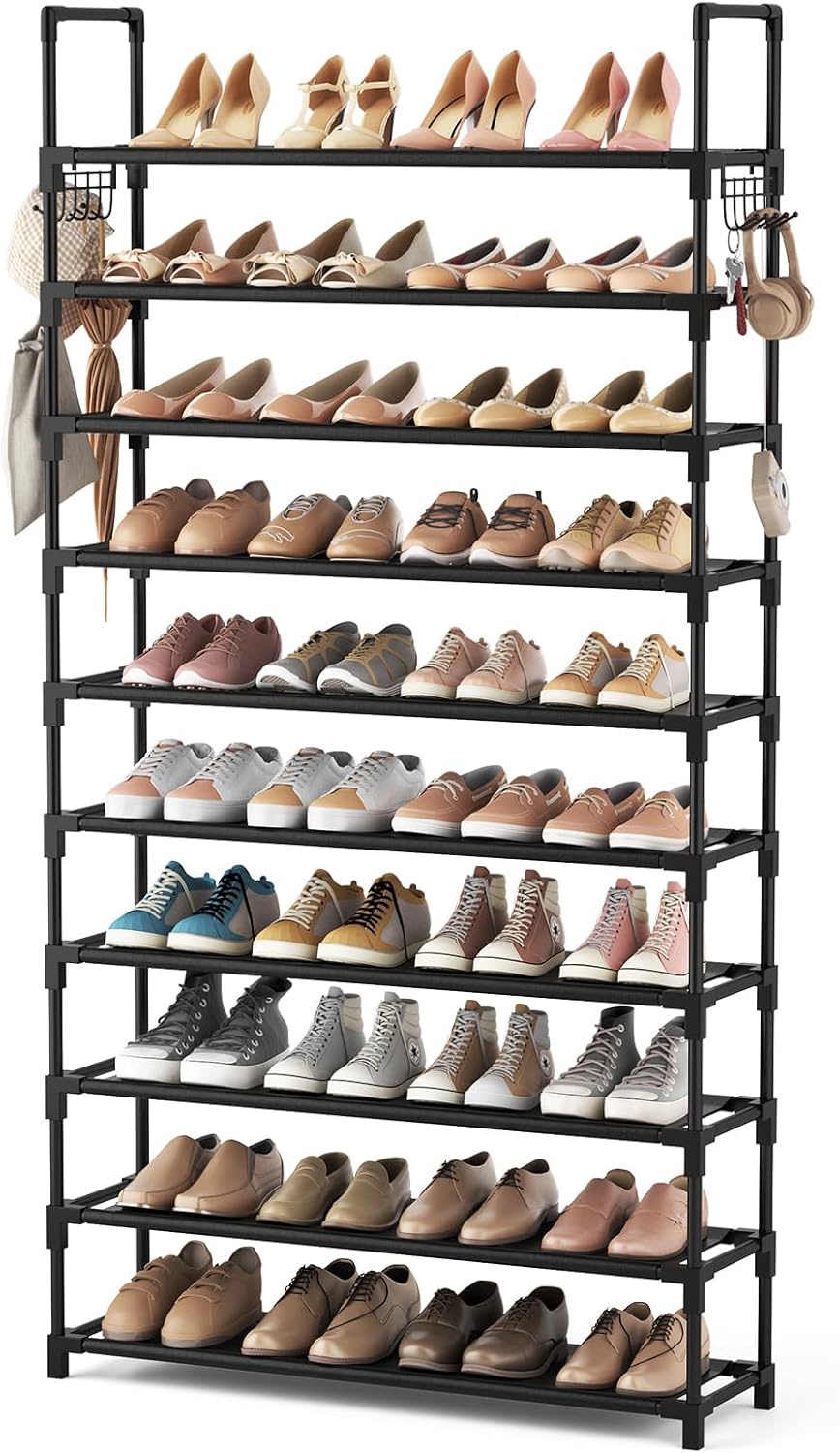 VTRIN 10 Tiers Shoe Rack Tall Large Capacity Wide Shoe Organizer Sturdy Shoe Shelf for Entryway with Two Hooks Metal Shoe Storage for Closet, Bedroom, Black