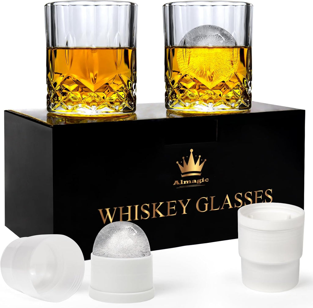 Juego de 2 vasos de whisky con moldes para bolas de hielo, vasos de cristal Old Fashioned Rocks de 295 ml, vaso para bourbon en caja de regalo, artículos de bar de primera calidad para whisky, scotch, bourbon, coñac, cócteles, regalo para hombres