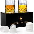 Juego de 2 vasos de whisky con moldes para bolas de hielo, vasos de cristal Old Fashioned Rocks de 295 ml, vaso para bourbon en caja de regalo, artículos de bar de primera calidad para whisky, scotch, bourbon, coñac, cócteles, regalo para hombres