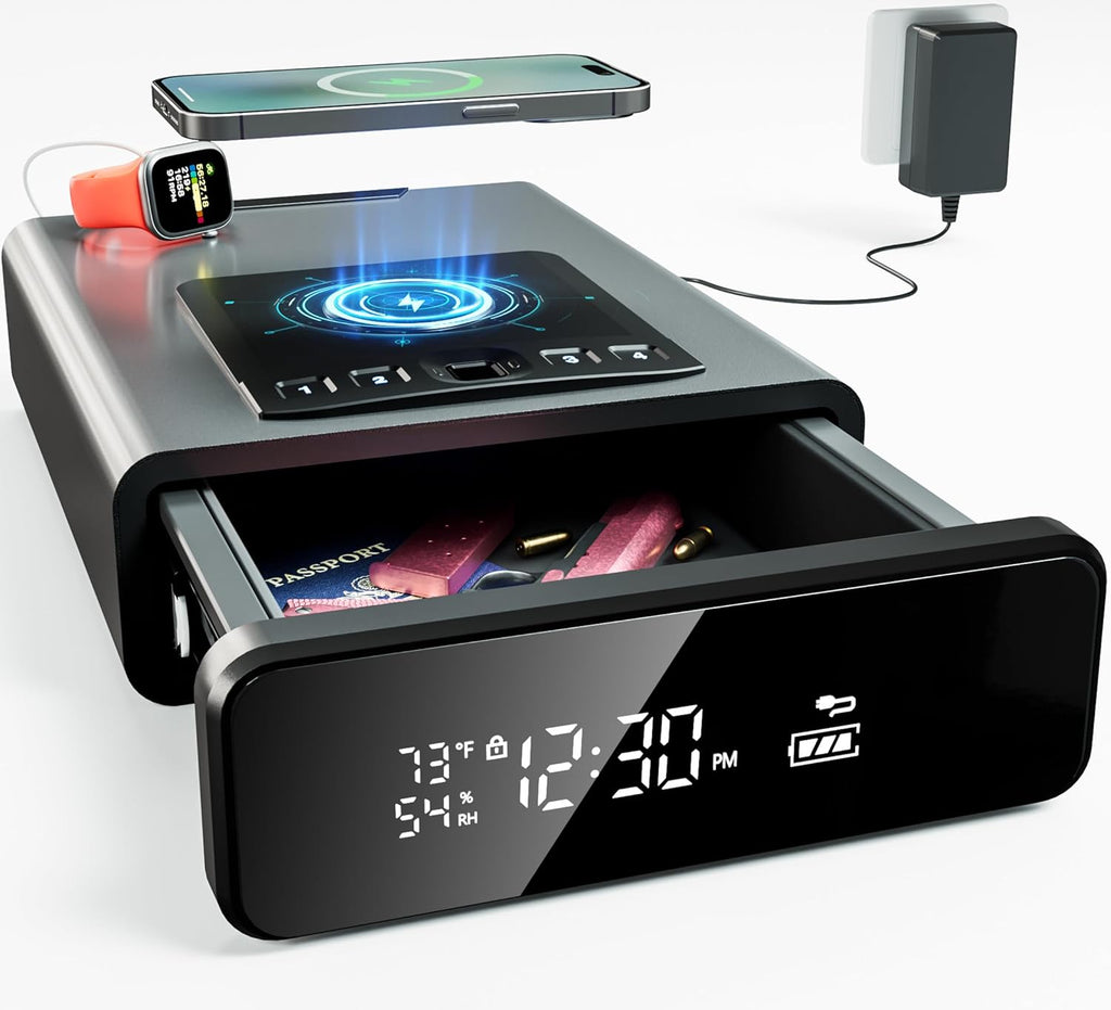 Caja fuerte biométrica discreta Mboko para armas con reloj de 12 horas, carga inalámbrica, brillo ajustable, teclado retroiluminado, luz LED y acceso automático (gris) 