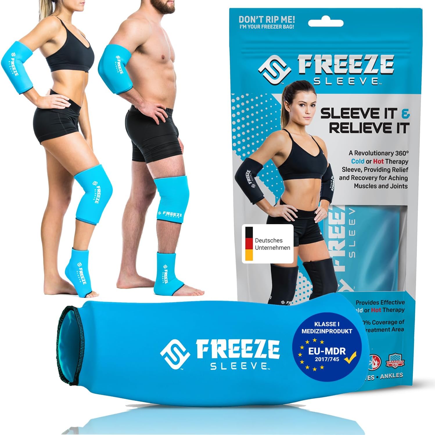 FreezeSleeve Ice & Heat Therapy Sleeve- Reusable, Flexible Gel Hot/Cold Pack, 360 Coverage for Knee, Elbow, Ankle, Wrist- Turquoise, Large