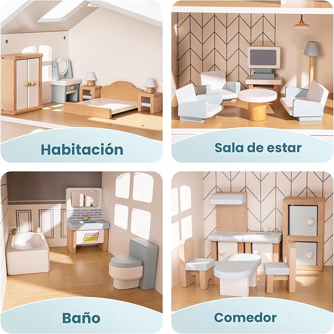 ROBUD Juego de muebles de madera para casa de muñecas, 23 piezas, accesorios para casa de muñecas, muebles en miniatura que incluyen 5 kits de habitación, muebles de casa de muñecas, juguetes de juego