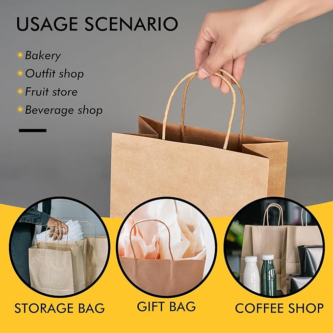 RACETOP 50 bolsas de regalo marrones de 8 x 4.5 x 10.8 pulgadas con asas, bolsas de regalo de papel, bolsas de papel Kraft, bolsas de regalo a granel, bolsas de regalo para manualidades