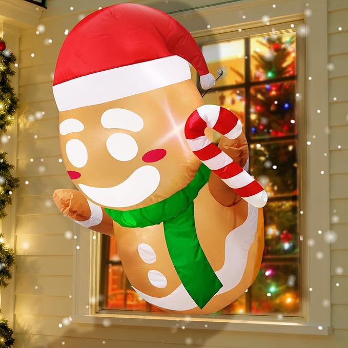 TURNMEON - Hombre de jengibre inflable de Navidad que salió por la ventana, luces LED brillantes integradas, 3.5 pies, decoración de Navidad para inflar, interior y exterior, patio, jardín, césped