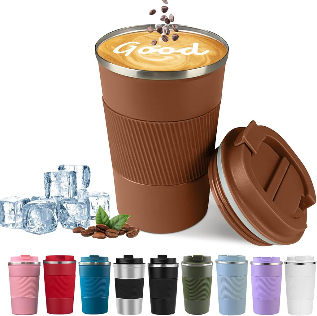 Taza de café de viaje aislada YINBAOGE, a prueba de derrames y fugas, portátil, de acero inoxidable, para llevar de camping, reutilizable, con tapa para bebidas frías y calientes (marrón, 17 oz).