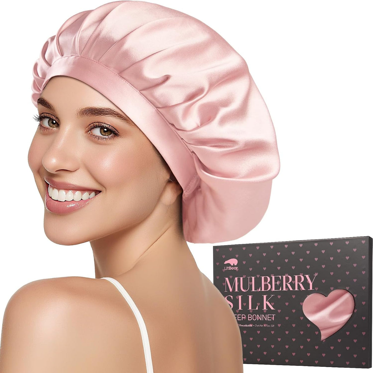 LitBear Gorro de Seda de Morera 100% | 22 Momme para Dormir | Envoltura de Cabello con Banda Elastica | Antifriccion Antideslizante | Rosa