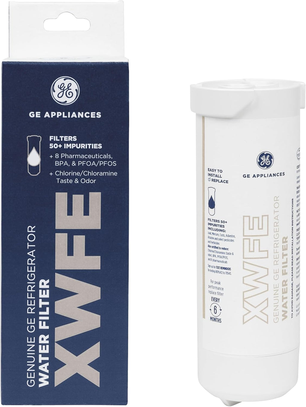 Filtro de agua para refrigerador GE XWFE, filtro de repuesto original, certificado para reducir el plomo, el azufre y más de 50 impurezas. Reemplazar cada 6 meses para obtener mejores resultados. Paquete de 1 unidad.