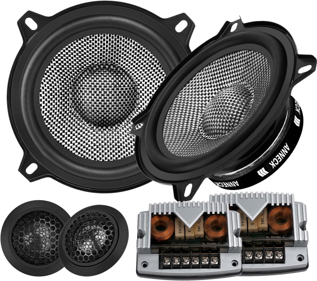 USADO Y ALGUNAS PIEZAS ESTAN SUELTAS-Parlantes de Componente ANNECK 5.25" Fibra de Carbono para Auto | 300W Máx | 4 Ohm | Incluye Woofers, Tweeters de Domo de Seda y Crossovers