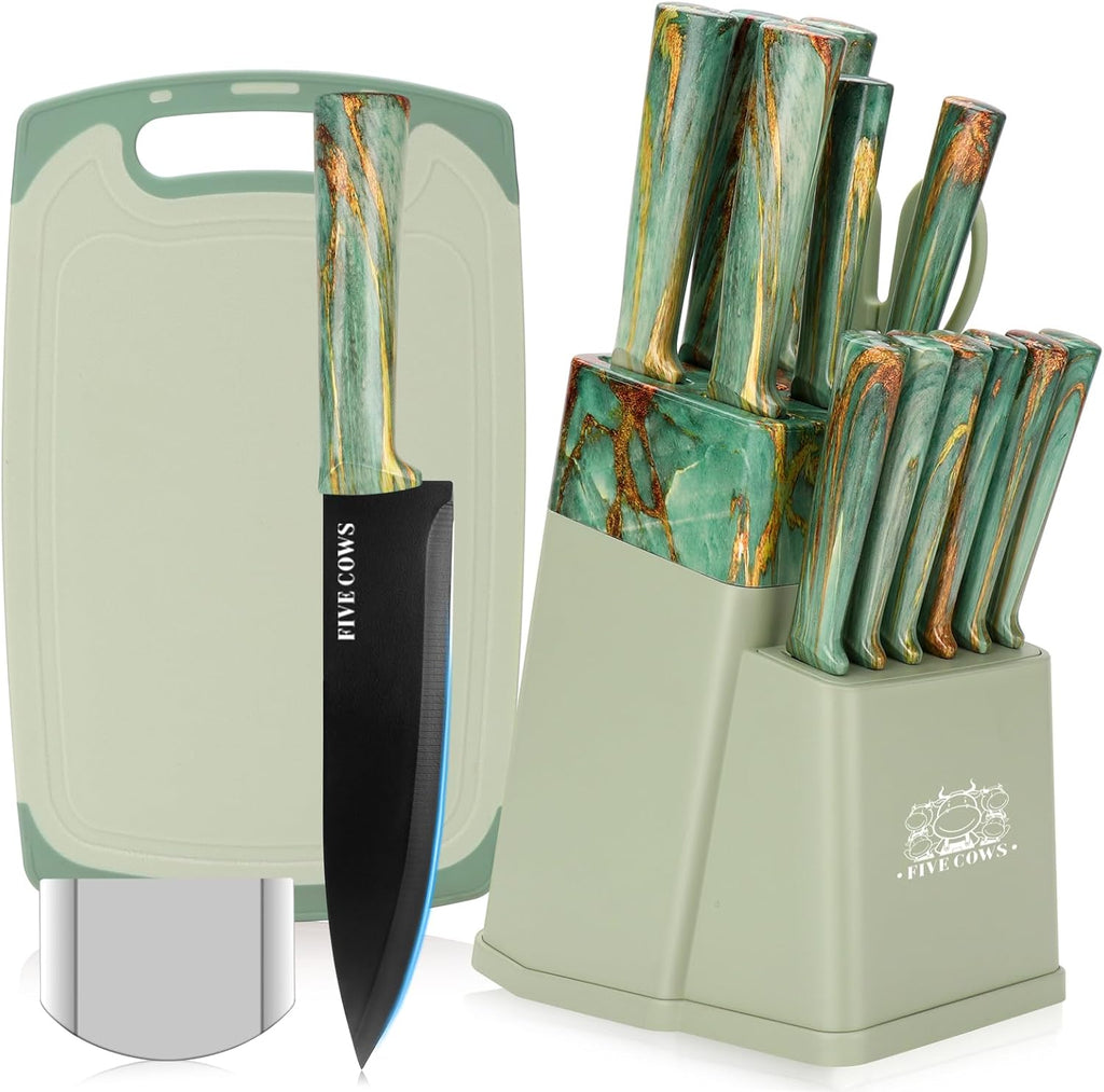 Set de Cuchillos de Cocina 16 Piezas con Taco y Tabla de Cortar | Acero Inoxidable Alemán con Afilador Integrado | Apto para Lavavajillas | Cian