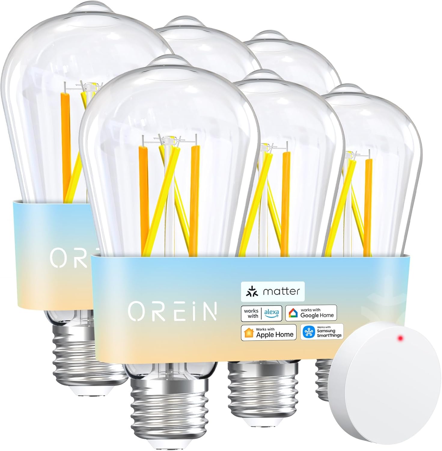 OREiN Matter Smart Filament Bulb ST19 E26 6-Pack – Works with Apple Home, Alexa, Google Home & SmartThings