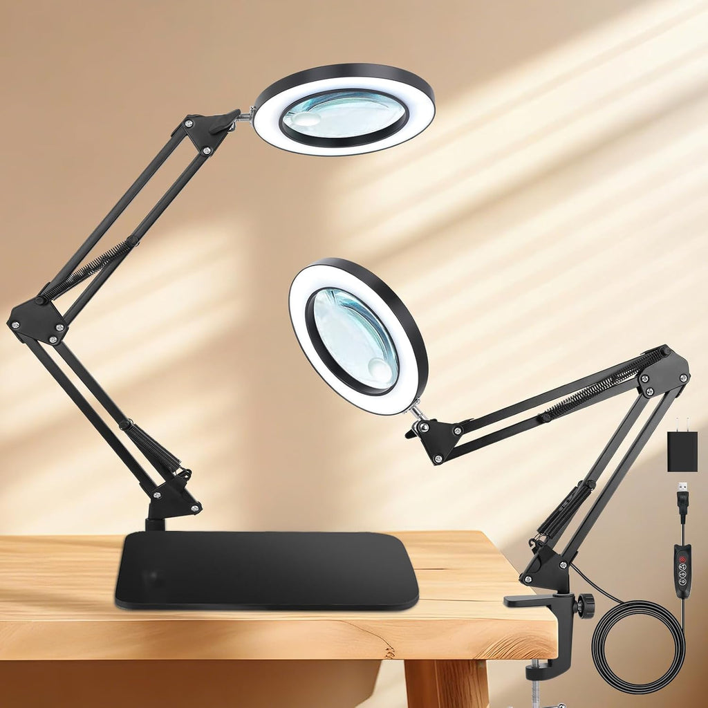 Lupa 10X/20X con luz, soporte y pinza, lupa de escritorio 2 en 1 para lectura con 3 modos de color, iluminada y con función de aumento. Lupa ajustable con soporte y luz, manos libres.