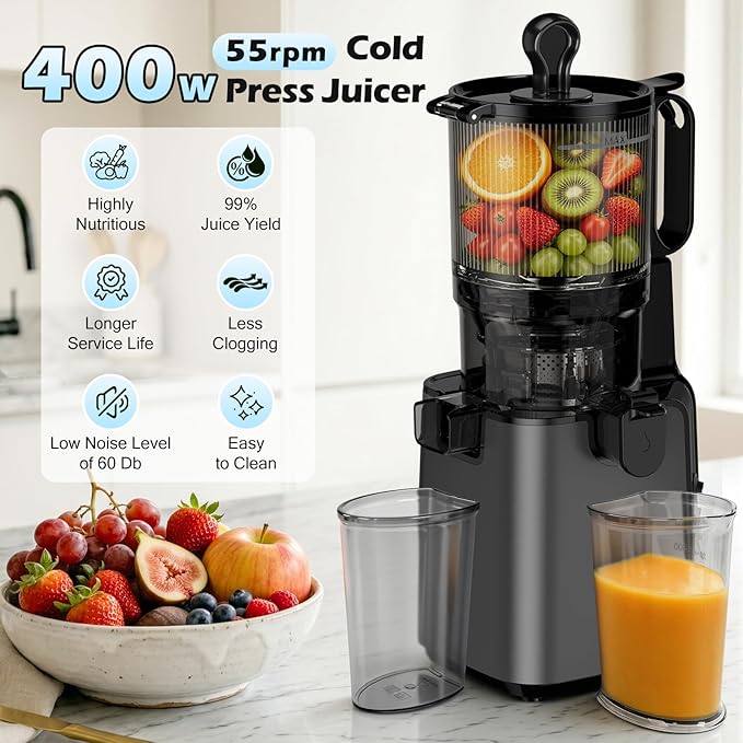 Extractor de Jugos Cold Press 400W – Boca de 5.8", Prensado en Frío para Frutas y Verduras Enteras, Fácil de Limpiar
