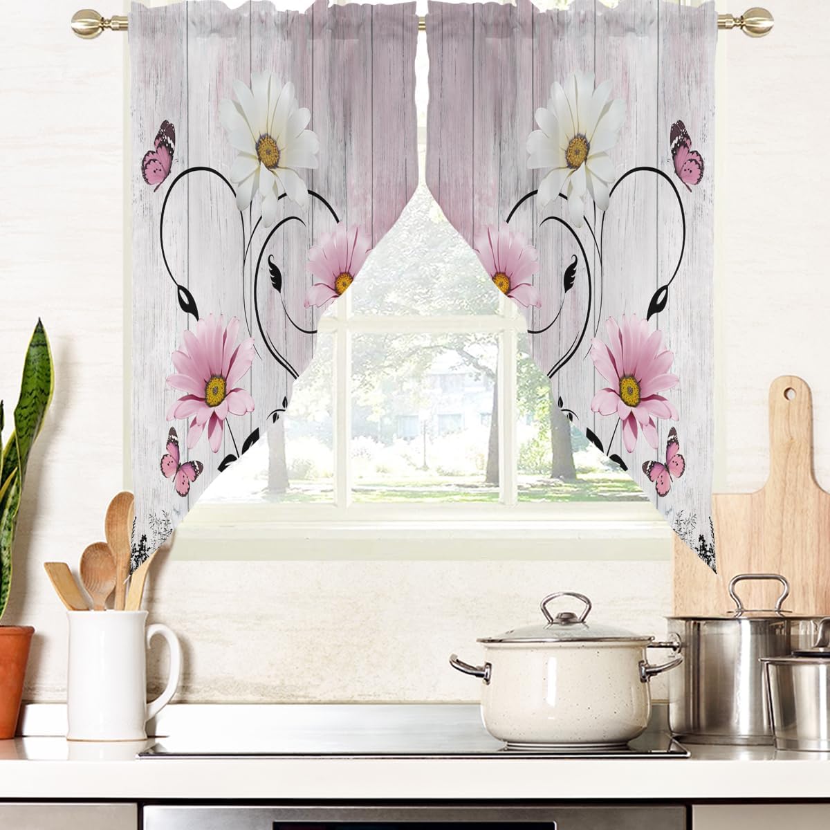 Cortina Volante Cocina Floral Rosa AAtter para Ventana Vintage Campestre Primavera Rústico Margarita Pequeño Corto Ondulante Superior Baño Sala Recámara Bolsillo Barra Tela 1 Par, 71 x 91 cm