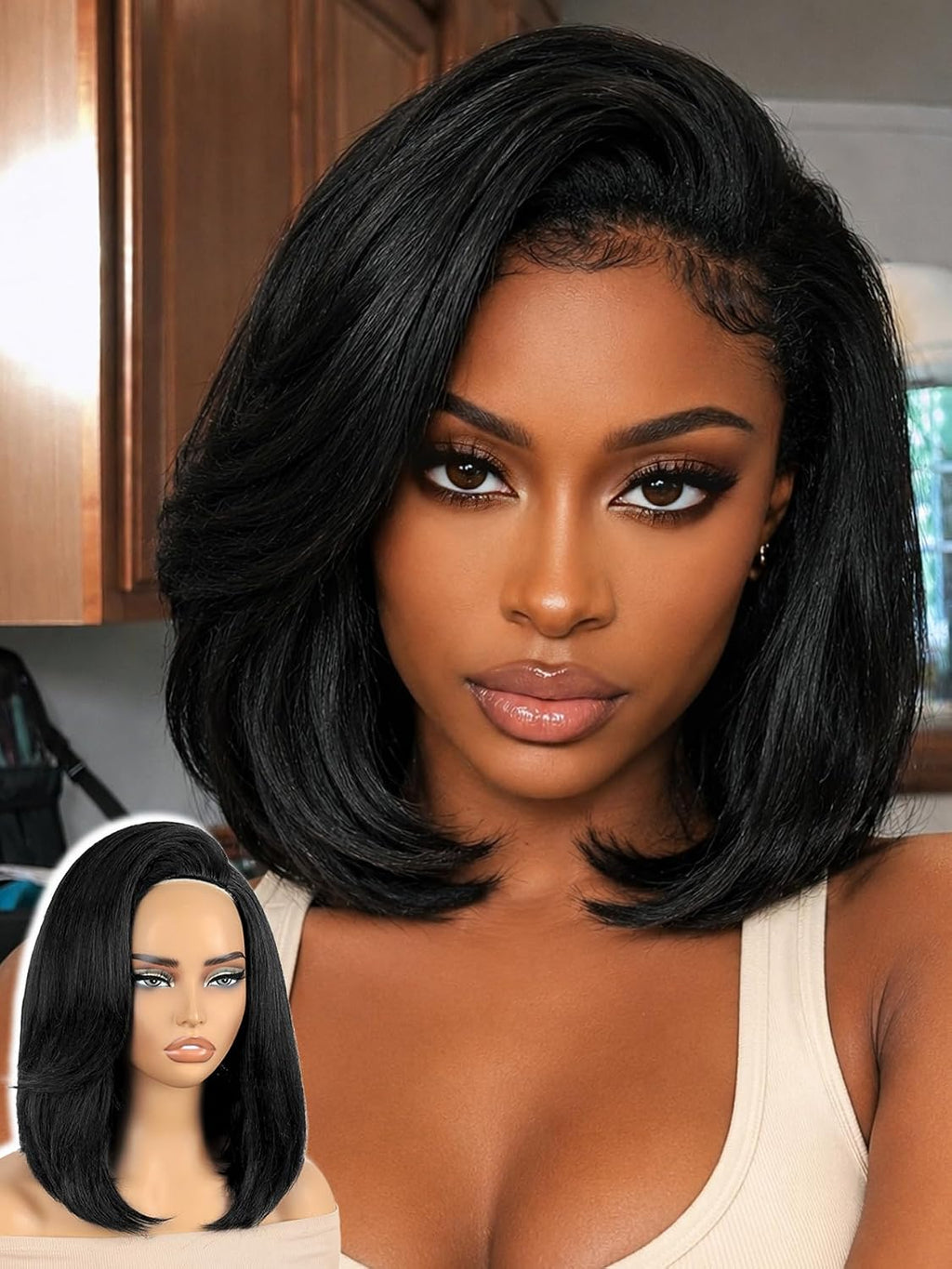 Peluca FANCEE Yaki Straight Half Wig, Bob liso rizado sintético, media peluca sin pegamento 3 en 1, textura suave Yaki, pelucas Bob, ideal para principiantes, estilo protector para uso diario, aspecto de planchado de seda natural.