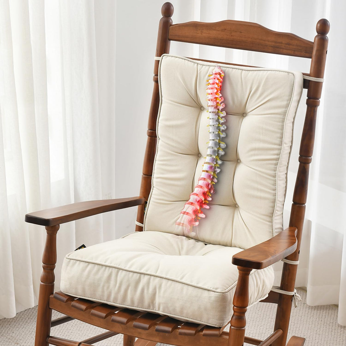 Cojín antideslizante de espuma viscoelástica SUNROX para mecedora, resistente a la decoloración, acolchado grueso y duradero con diseño capitoné, juego de cojín para asiento y respaldo con lazos para mecedora de interior/exterior, 2 piezas, color crema.
