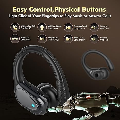 HAOYUYAN, Bluetooth Headphones, Ear Buds with 80hr Playtime, LED Power Display, Noise Canceling, LED Power Display, IPX7 Waterproof Earphones Light Black