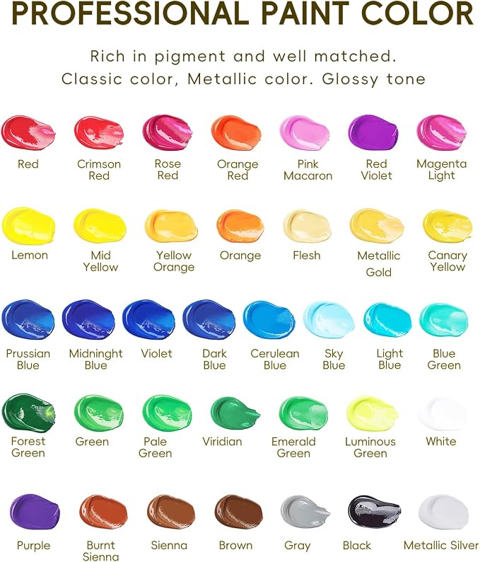 Juego de pintura acrílica de 36 colores, botellas de 2 onzas, pintura de lienzo pigmentada rica con color metálico extrametálico, kit de pintura profesional para manualidades, pinturas no tóxicas prémium para artistas