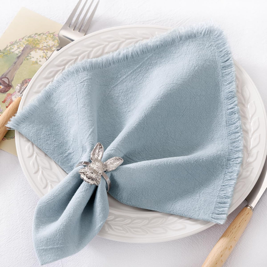Servilletas de algodón y lino DeZerlor, paquete de 12 unidades, color gris y azul, con flecos. Servilletas de tela de verano, juego de 12 servilletas bohemias hechas a mano para cenas, bodas, baby showers y fiestas. 43 x 43 cm (17 x 17 pulgadas).