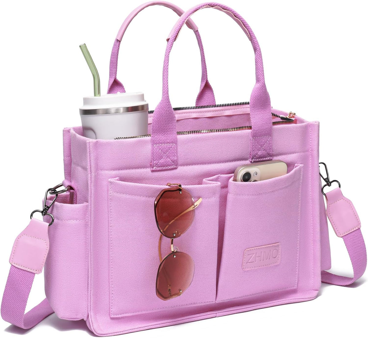 Bolso de lona ZHMO para mujer con compartimentos y cremallera, rosa. Bolsos de mujer, bandoleras, bolso para portátil, bolsos grandes, bolsos de mano, bolso de hombro para uso diario, ideal para viajes, enfermeras y profesoras.