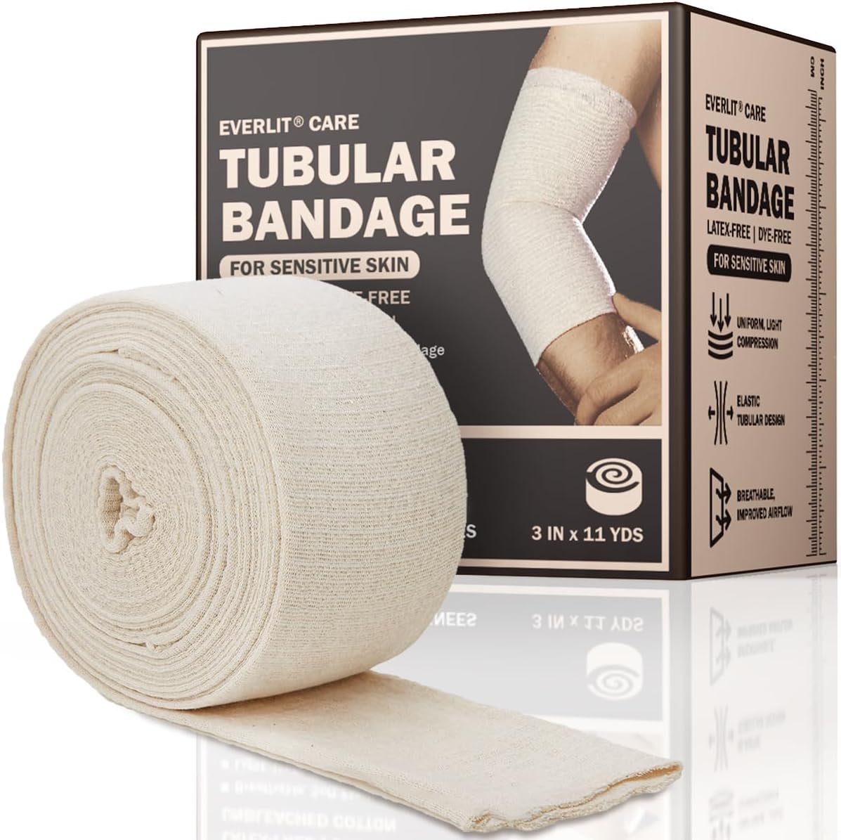 EVERLIT Venda Tubular de Soporte Elasticada 560D Mezcla de Algodón, Sin Látex, Transpirable Extra Gruesa para Brazo, Rodillas, Piernas, Compresión Moderada a Alta para Piel Sensible (Talla D | 7.6 cm x 10 m)