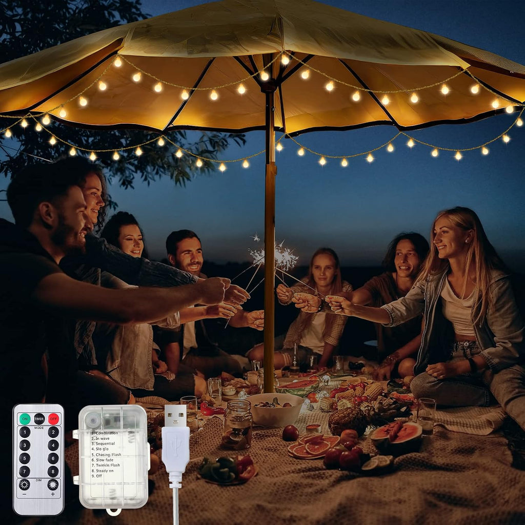 Luces para Sombrilla de Patio 9.7m | 8 Modos de Iluminación, LED con 64 Globos Irrompibles, Control Remoto, con Batería y USB, Impermeables, Decorativas para Patio