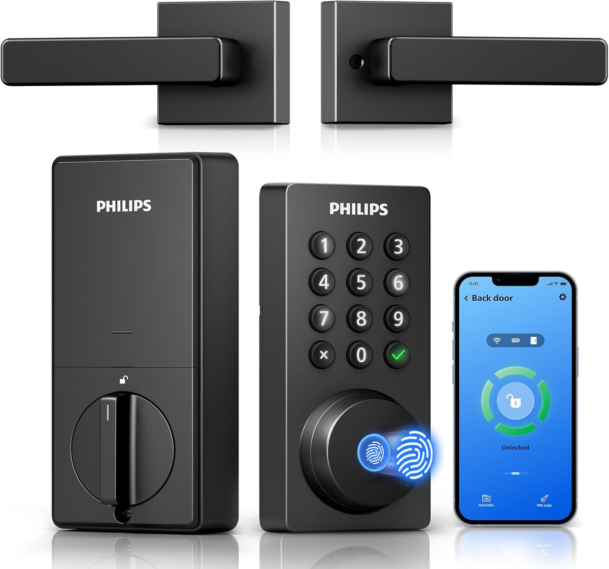 Cerradura de puerta Philips con teclado WiFi y manija, WiFi integrado, control remoto por aplicación, desbloqueo por voz y huella dactilar, cerraduras inteligentes para puerta principal con bloqueo automático