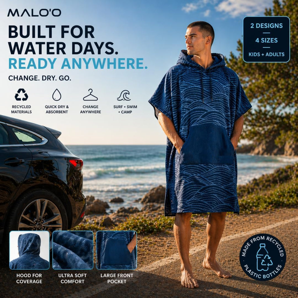 Malo'o Nalu - Poncho cambiante – Poncho con capucha para surf y natación, para adultos y niños, secado rápido, ultra suave, hecho de materiales reciclados, playa, piscina, camping cambiador