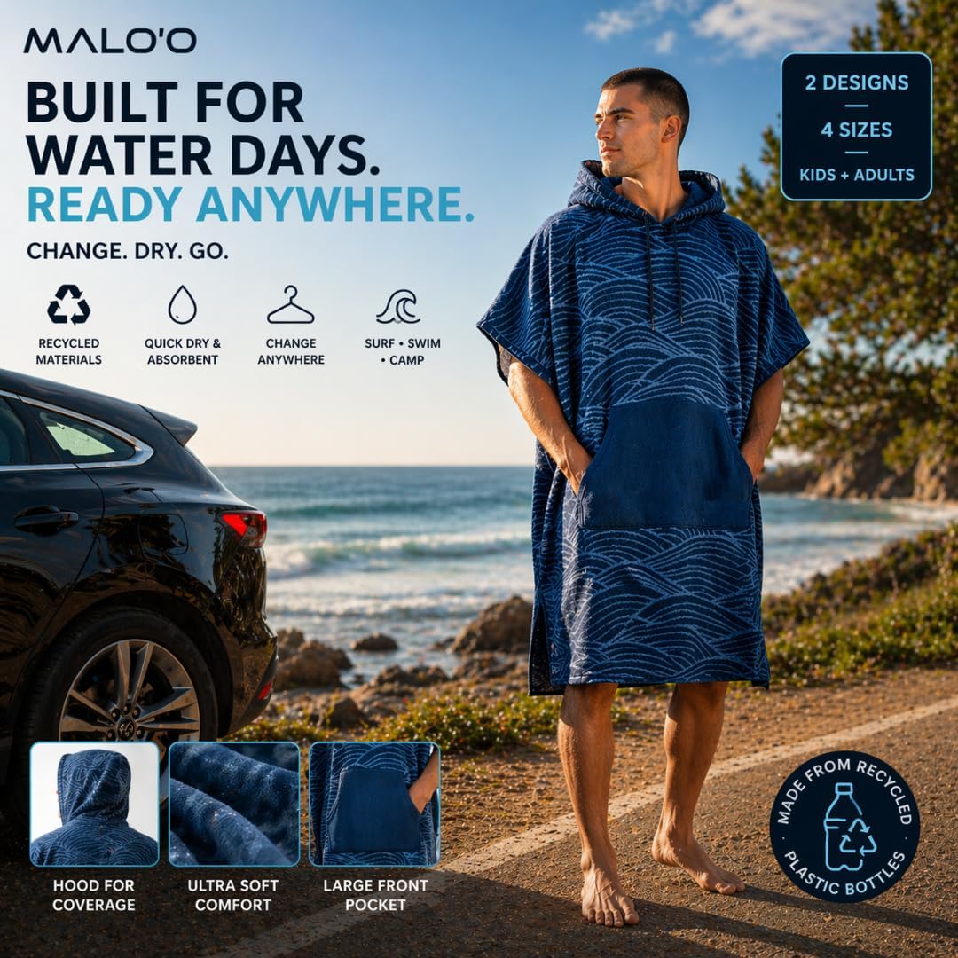 Malo'o Nalu - Poncho cambiante – Poncho con capucha para surf y natación, para adultos y niños, secado rápido, ultra suave, hecho de materiales reciclados, playa, piscina, camping cambiador