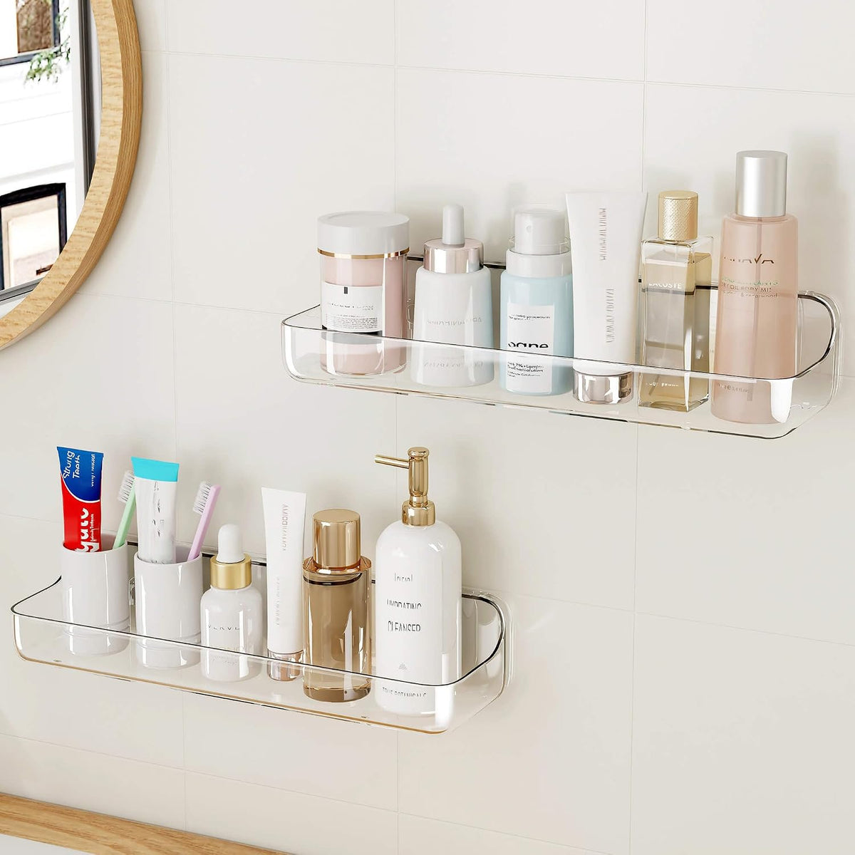 Estante adhesivo transparente acrílico UDD para ducha, 2 unidades. Organizador de ducha de plástico con cinta autoadhesiva. Estantes de ducha de montaje en pared sin necesidad de taladrar para baño y cocina. Transparente.