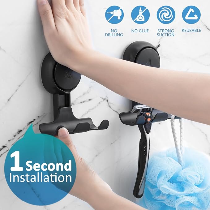 TAILI Soporte para maquinilla de afeitar con ventosa para ducha, paquete de 2, toalla, lufa, soporte para pared de ducha, potentes ganchos de ventosa para baño interior, fácil de instalar y reutilizar