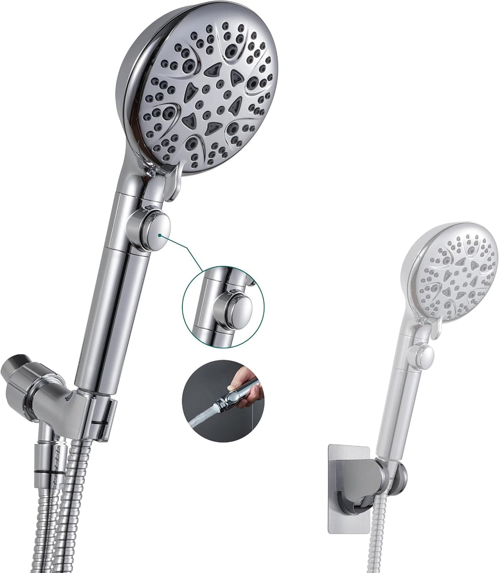 Cabezal de ducha de mano GwernKB con interruptor de encendido/apagado, 8 modos, alta presión, manguera extralarga de acero inoxidable de 201 cm y soporte, además de soporte de pared adhesivo de alcance extra bajo para niños, color plata.
