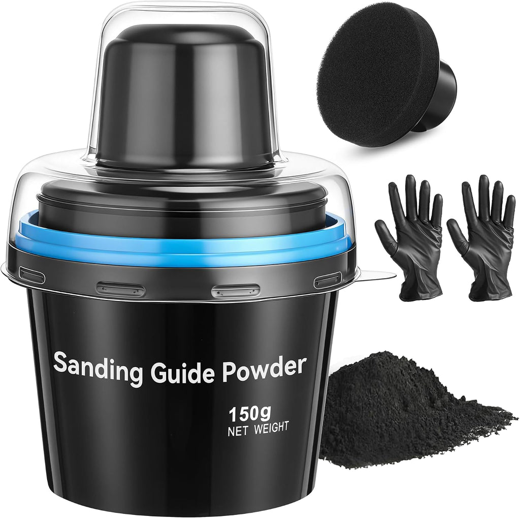 Dunkive Polvo negro de 150 g (5.3 oz) para lijado de carrocerías, resalta arañazos y zonas hundidas, apto para lijado en seco y húmedo (incluye tapa transparente y guantes de nitrilo) (1 unidad)