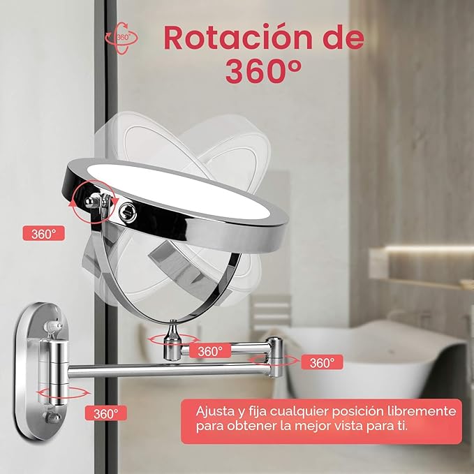 Espejo de Maquillaje con Luz Recargable 5000mAh — Doble Cara 1X/30X con Brazo Extensible