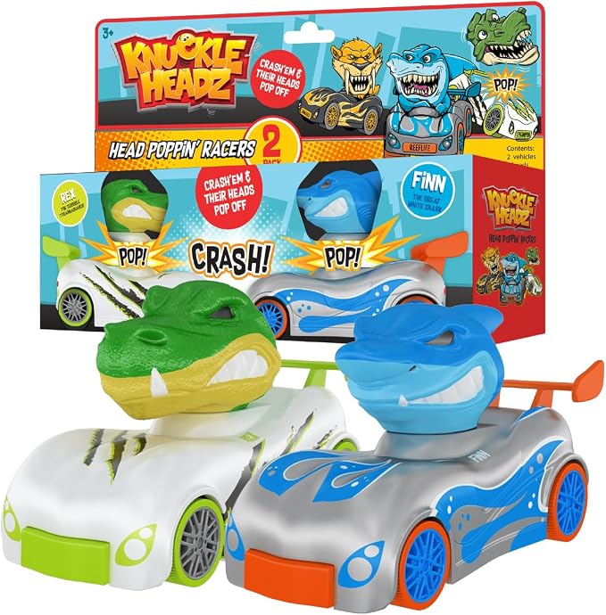 Knuckle Headz Duo Head Poppin' Quick Shot Pull Back Crash Derby Racers - Finn el Tiburón y Rex el Dinosaurio