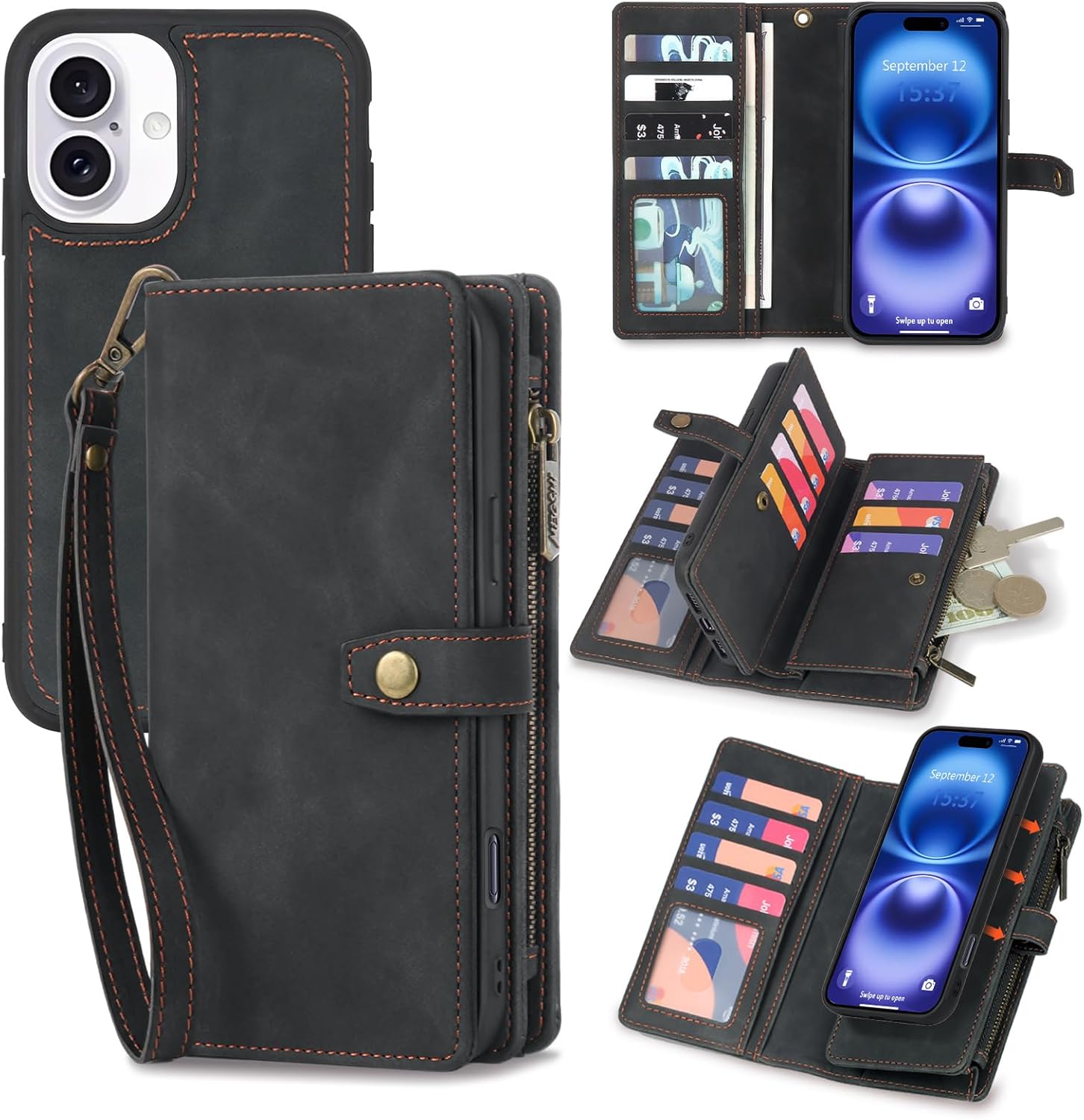 TwoHead Wallet Case Compatible with iPhone 16,Detachable Magnetic Phone Case,PU Leather All-Round Protective Case Wallet with Card Holder/Change Pocket,6.1 in,Black