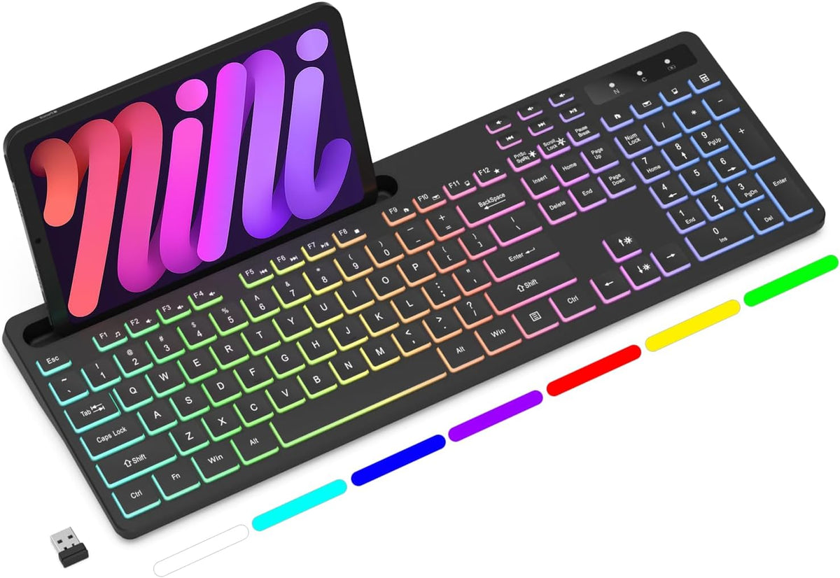 Teclado Inalámbrico Soueto Tamaño Completo – Retroiluminación RGB 7 Colores, 2.4G Recargable, Soporte para Teléfono y Tablet, Negro