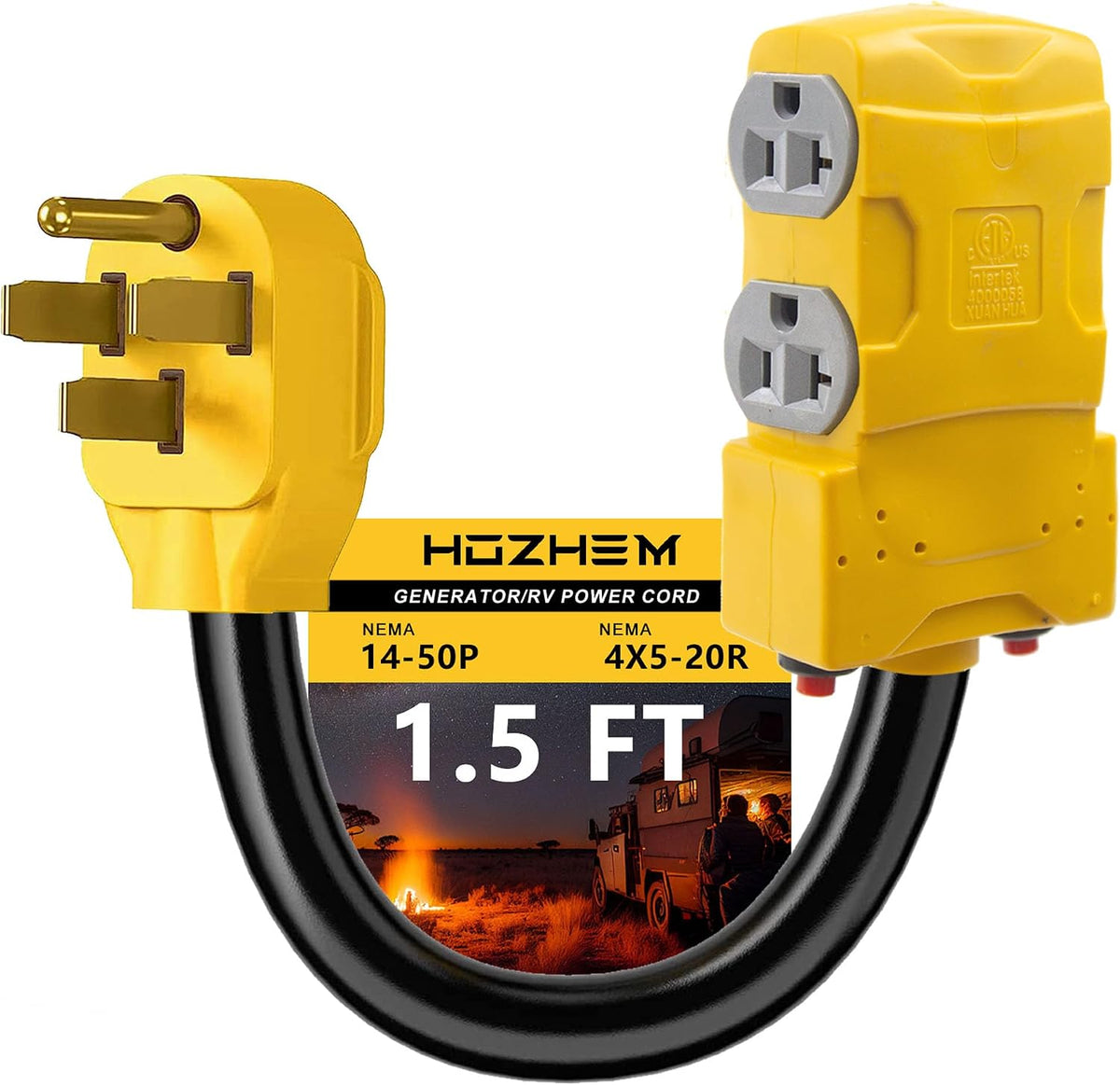 Adaptador de Distribución HOZHEM para RV 50A a 20A – NEMA 14-50P a 4 Tomacorrientes Domésticos con Disyuntor 20A