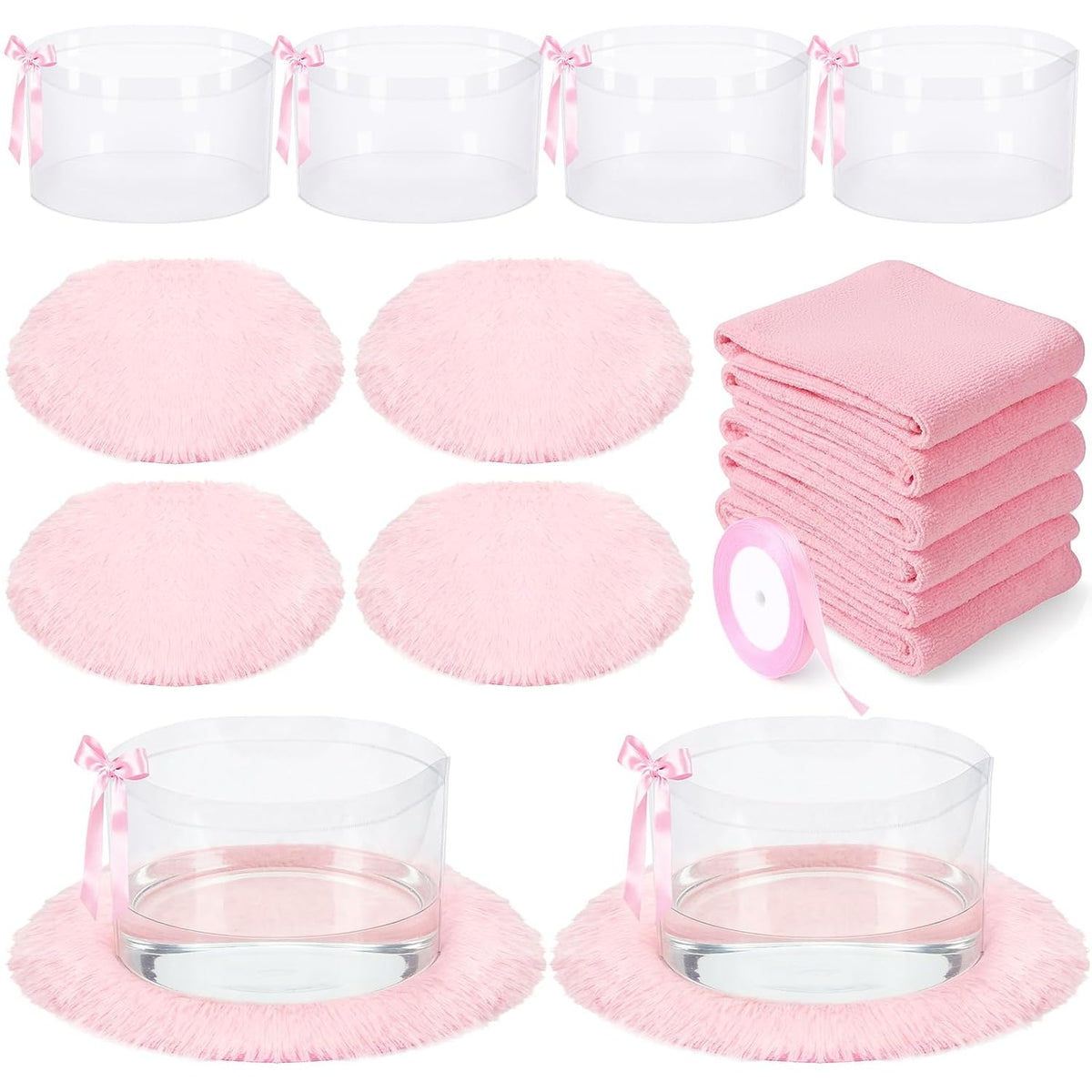 HunnmingRe Kit de Spa de Pies 18 Piezas | Fiesta de Pijamas Spa Rosa | 6 Barreños Plegables, 6 Toallas y 6 Tapetes con Cinta a Juego | Regalo para Mujer