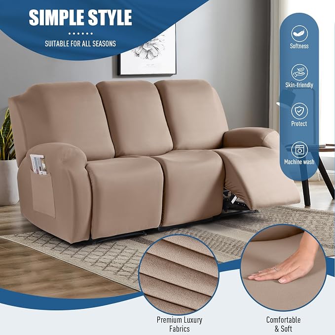 TAOCOCO Funda para sofá reclinable, 3 piezas de tela de poliéster elástica fundas para sofá de 3 asientos reclinable, protector de muebles suave y lavable con bolsillos (3 asientos, caqui)